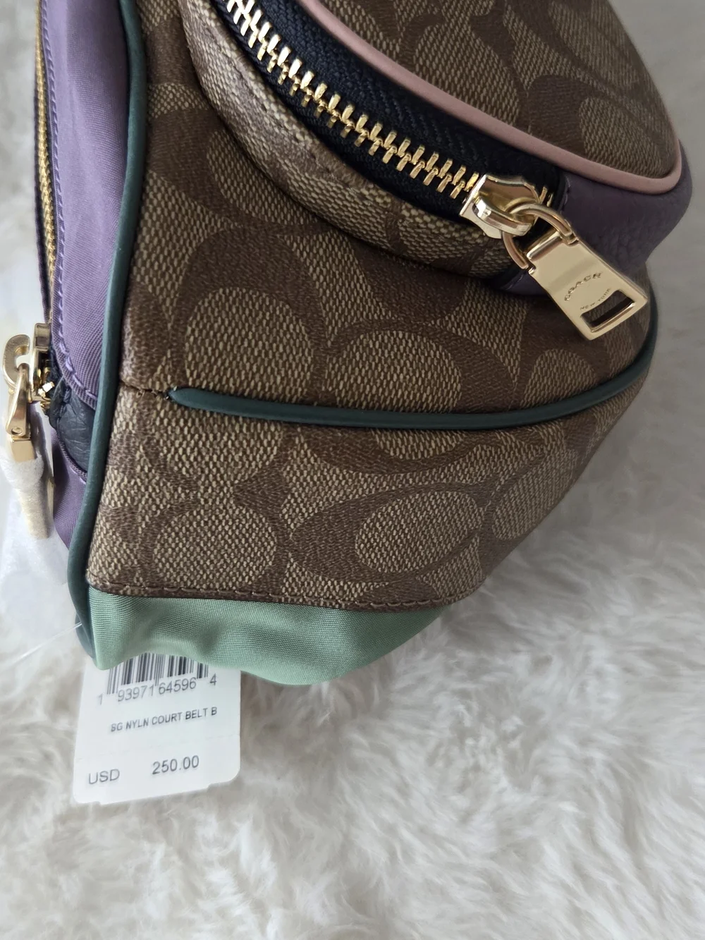 Coach Signature Canvas Belt Bag in Brown with Purple & Pink Trim